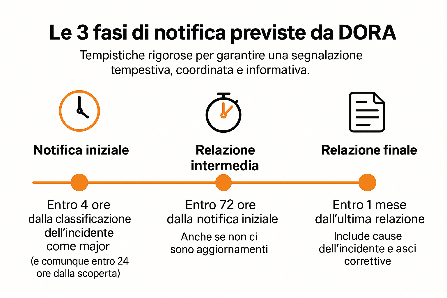 L'infografica rappresenta la timeline dei passaggi del regolamento DORA: notifica iniziale, relazione intermedia, relazione finale. Time line DORA